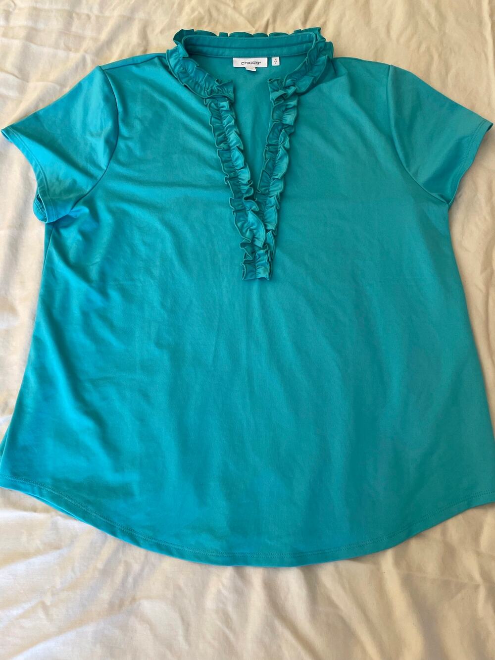Chico’s Turquoise Blue Ruffle Collar Ladies Blouse Work Wear